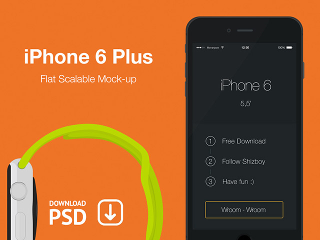 Flat iPhone 6 Plus with Apple Watch Psd Mockup